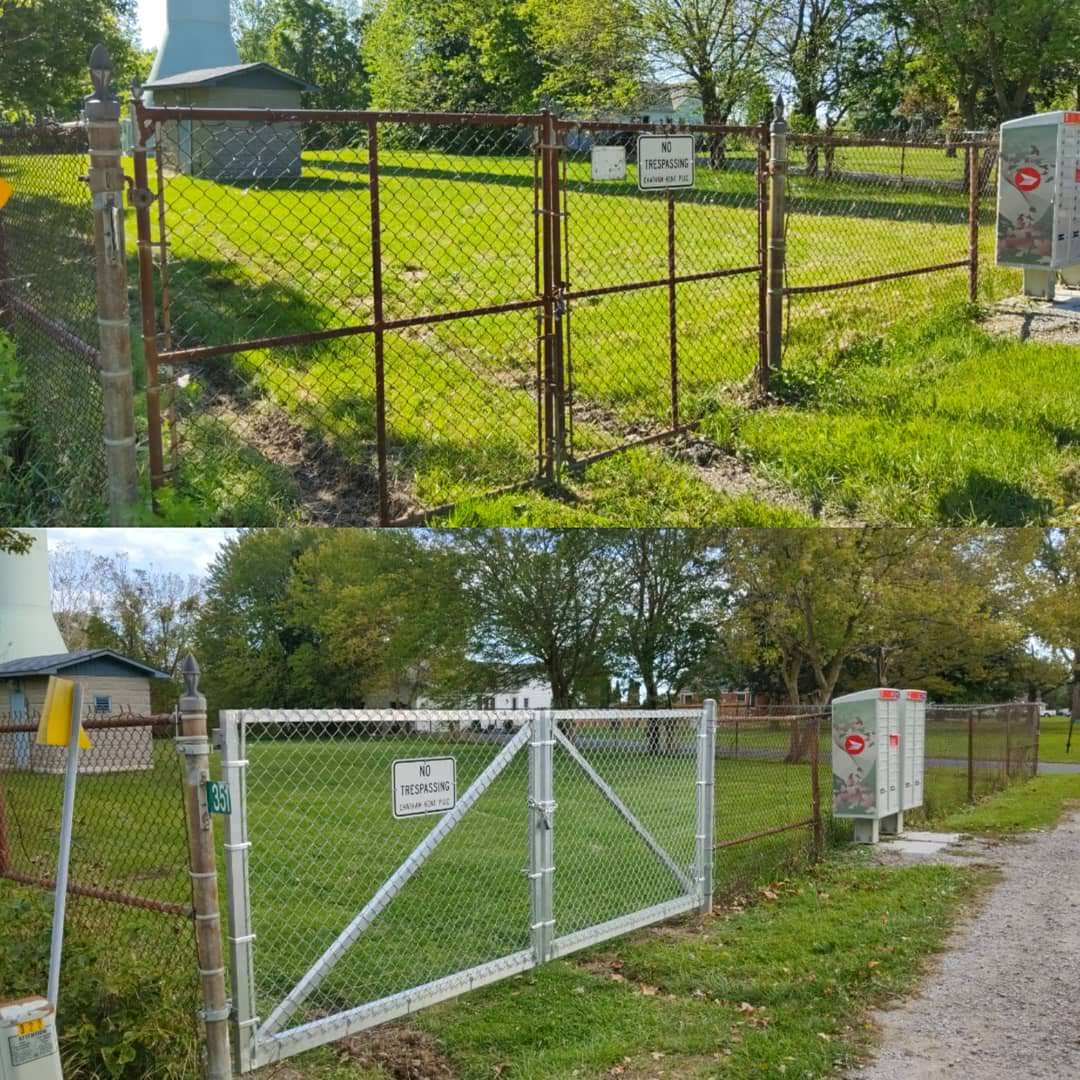 The water tower in Wheatley had these old rusted chain-link gates. Because of its proximity to the road, the gates were replaced with these black aluminum gates that will last for many years to come.