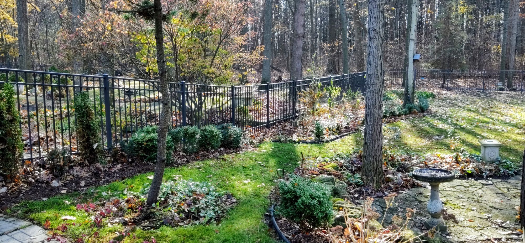 Backing onto a conversation area, this customer felt challenged by the deer constantly eating his beautiful landscape. To keep the open feel we installed this beautiful Matte Bronze fence to border the forest. Set with concrete, it was a challenge to get it done due to the roots - but the final fence result was incredible. Elite Fence makes this residential line of fence.